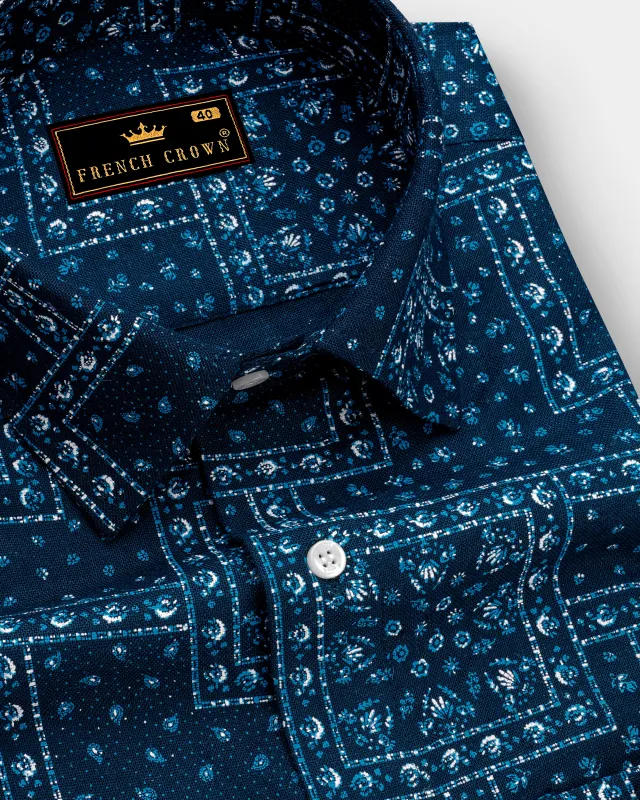 Sapphire Blue Boho Printed Luxurious Linen Shirt sold by French Crown