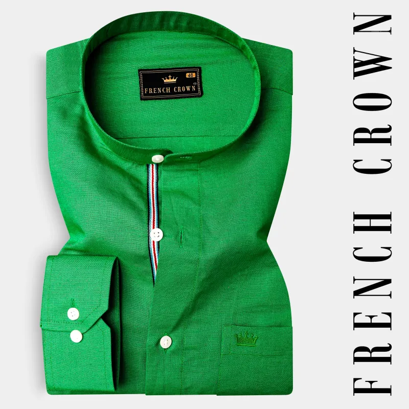 Salem Green Luxurious Linen Mandarin Collar Shirt sold by French Crown