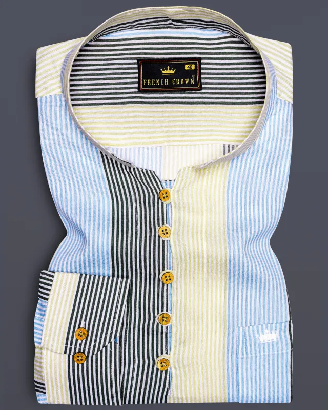 Raffia Beige with Botticelli Blue and Asparagus Green Pinstriped Tencel Premium Cotton Kurta Shirt sold by French Crown