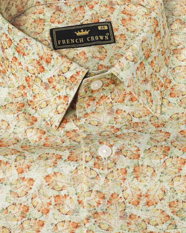 Periglacial Cream with Tuscany Brown and Coriander Green Printed Luxurious Linen Shirt sold by French Crown