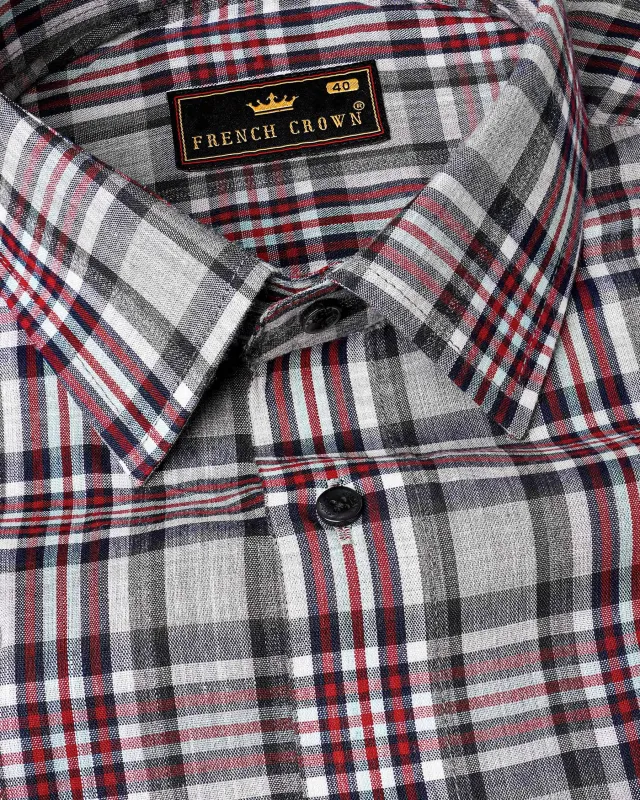 Pale Slate Gray with Tabasco Red Plaid Chambray Premium Cotton Shirt sold by French Crown