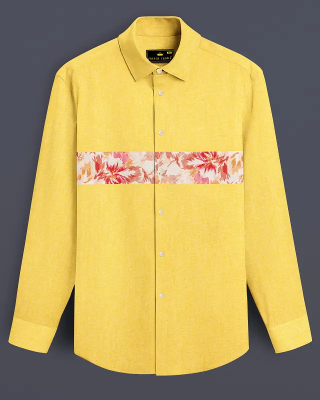 Moccasin Yellow Floral Patched Royal Oxford Designer Shirt sold by French Crown