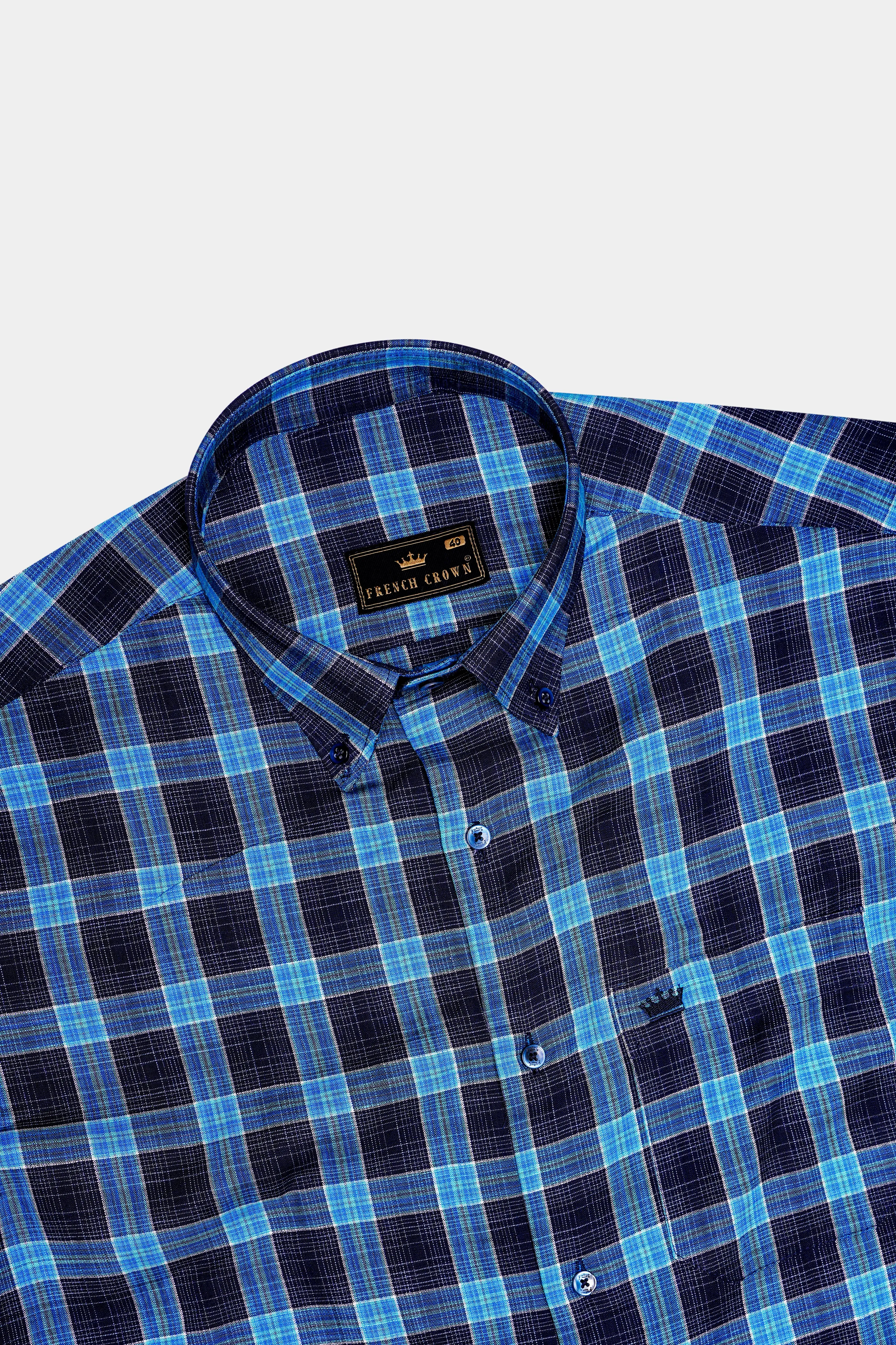 Mirage Blue and Pacific Blue Plaid Dobby Textured Premium Giza Cotton Shirt sold by French Crown product image thumbnail 5