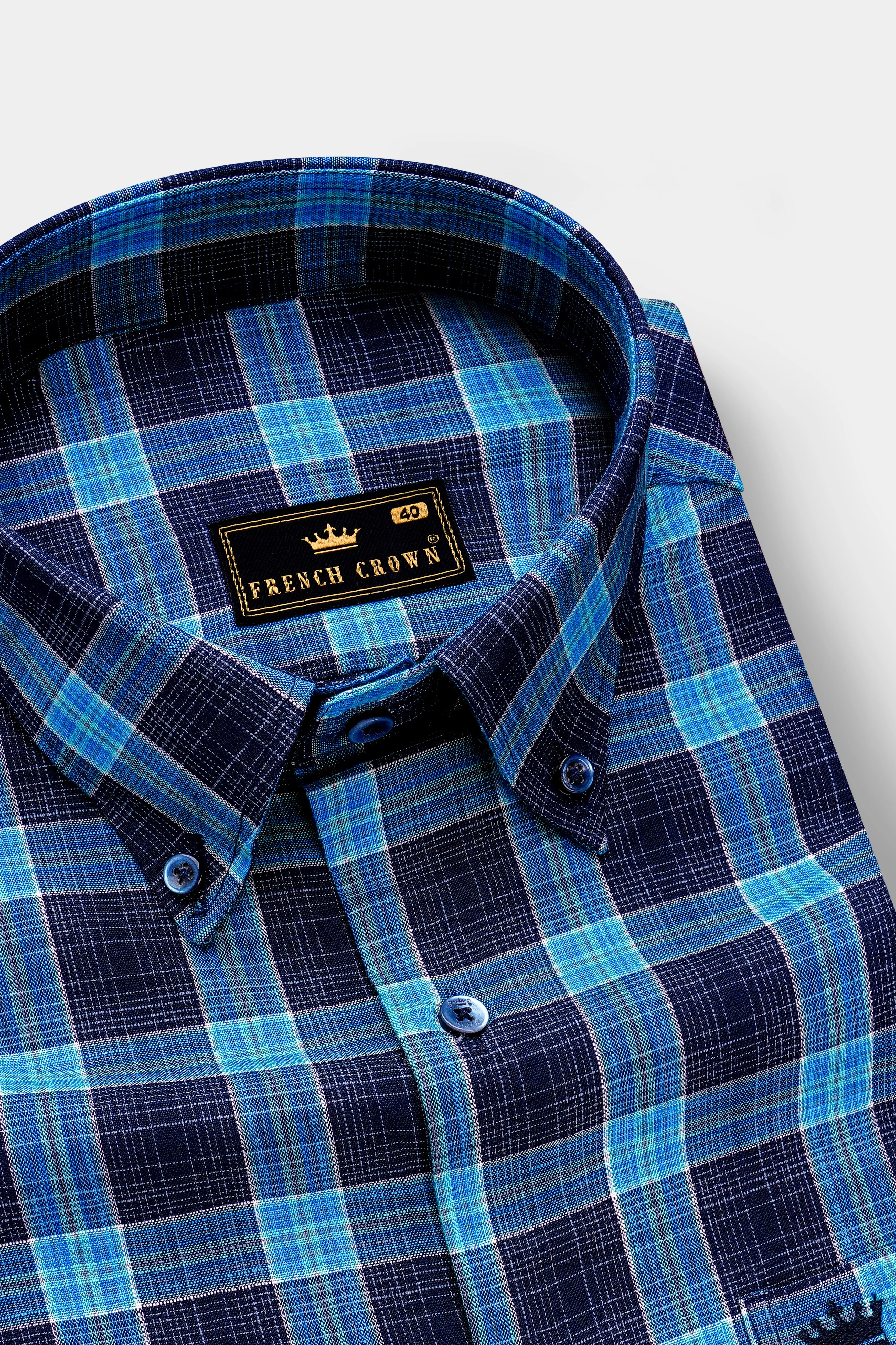 Mirage Blue and Pacific Blue Plaid Dobby Textured Premium Giza Cotton Shirt sold by French Crown product image thumbnail 2