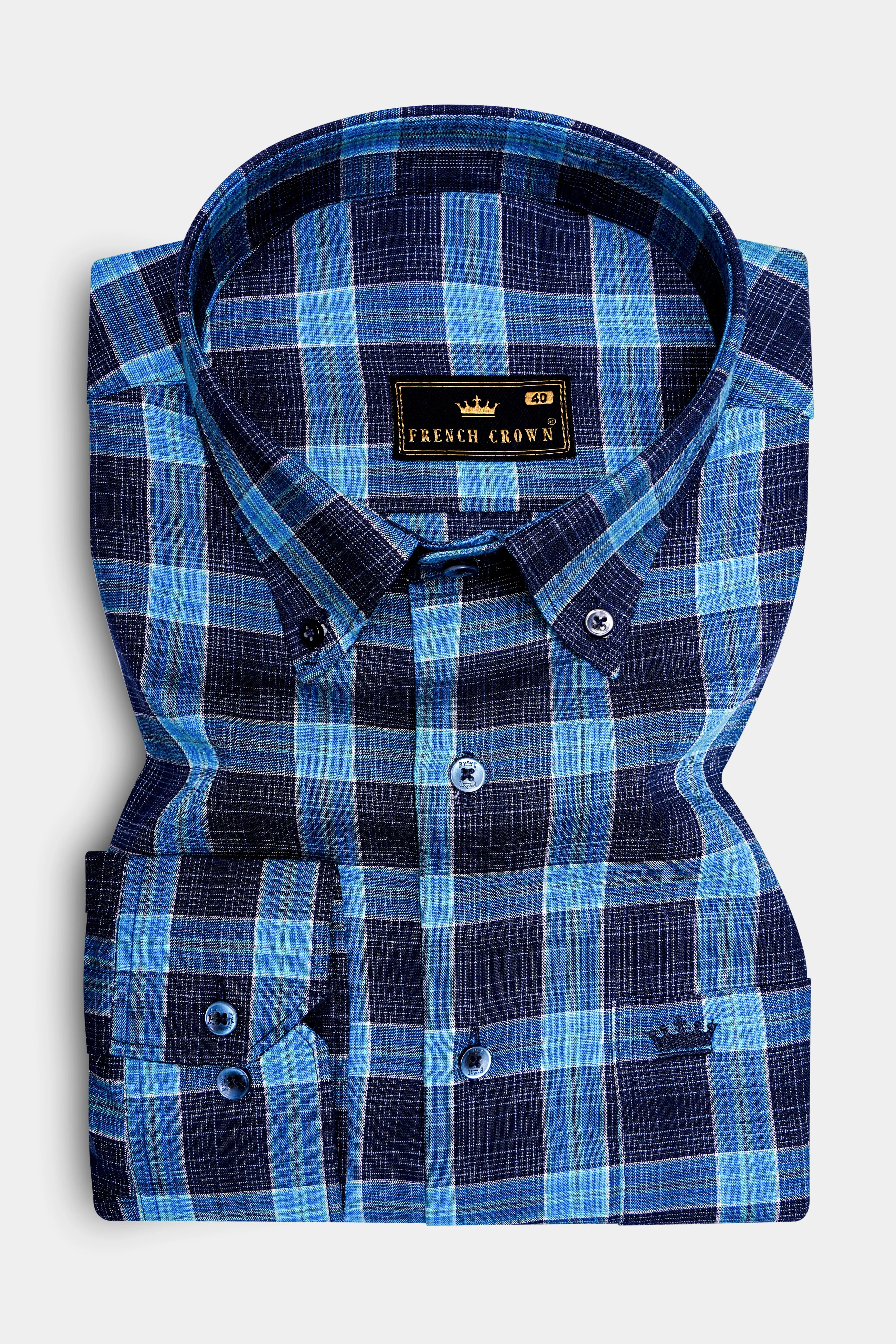 Mirage Blue and Pacific Blue Plaid Dobby Textured Premium Giza Cotton Shirt sold by French Crown product image thumbnail 4