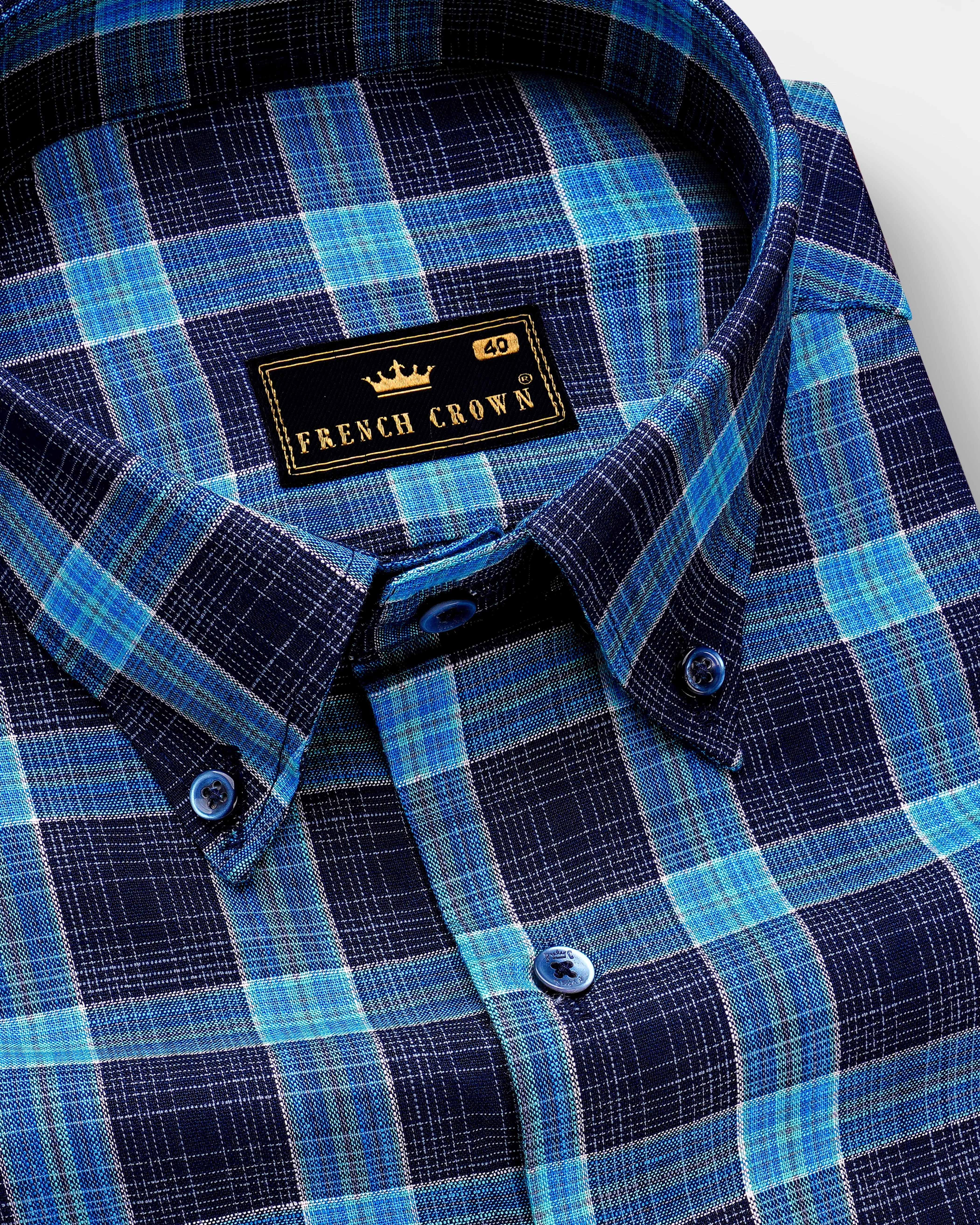 Mirage Blue and Pacific Blue Plaid Dobby Textured Premium Giza Cotton Shirt sold by French Crown