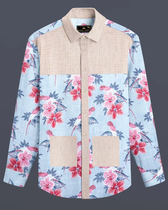 Mercury Blue Floral Printed and Cold Turkey Brown Chambray Premium Cotton Designer Shirt sold by French Crown