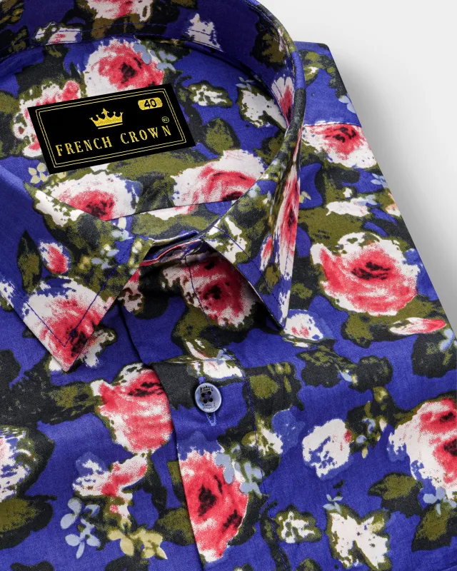 Medium Slate Blue Floral Printed Premium Cotton Shirt sold by French Crown