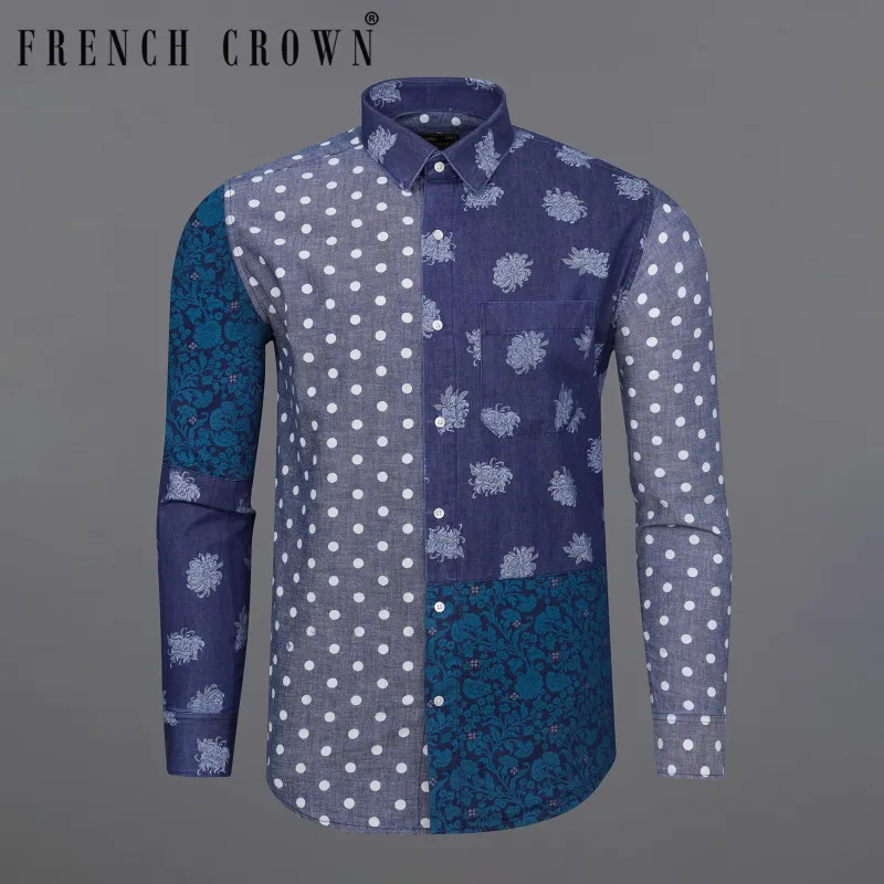 Gunpowder Blue Polka Dots Chambray Textured Premium Cotton Designer denim Shirt sold by French Crown