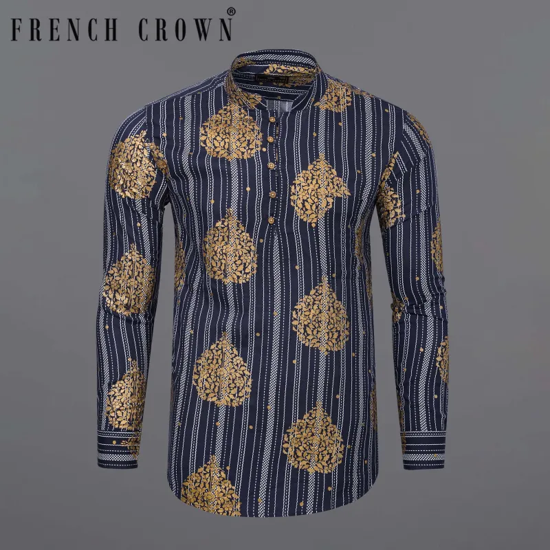 Gunmetal Blue And Tacao Golden Damask Foil Printed Premium Cotton Kurta Shirt sold by French Crown