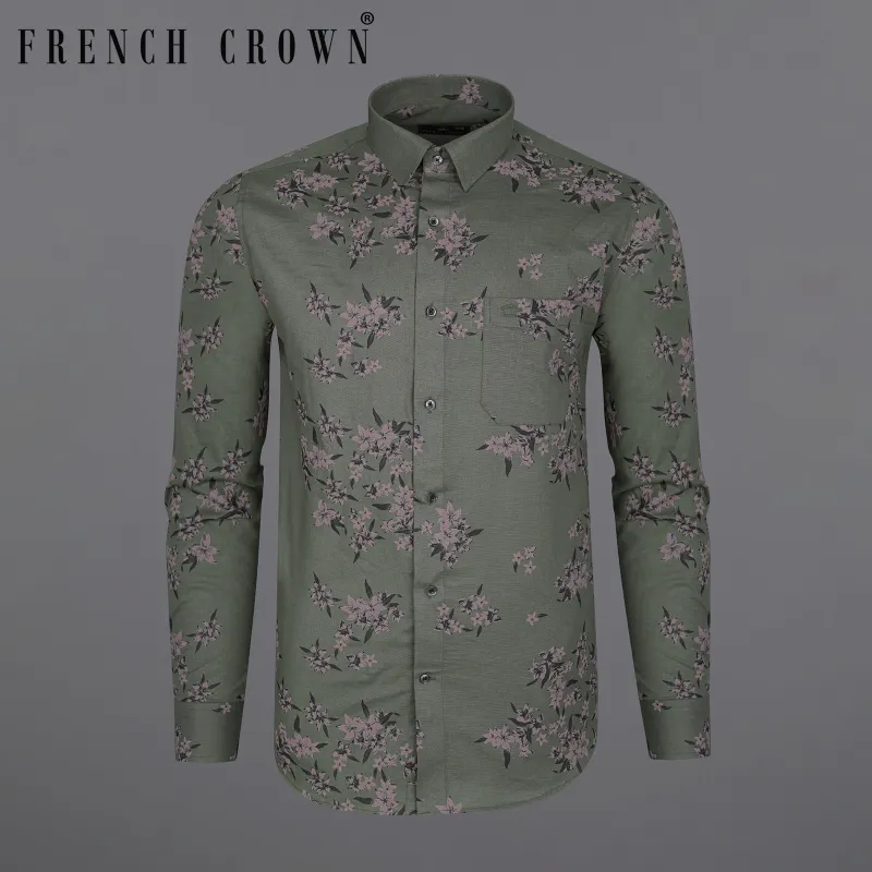Fuscous Green With Floral Printed Luxurious Linen Shirt sold by French Crown