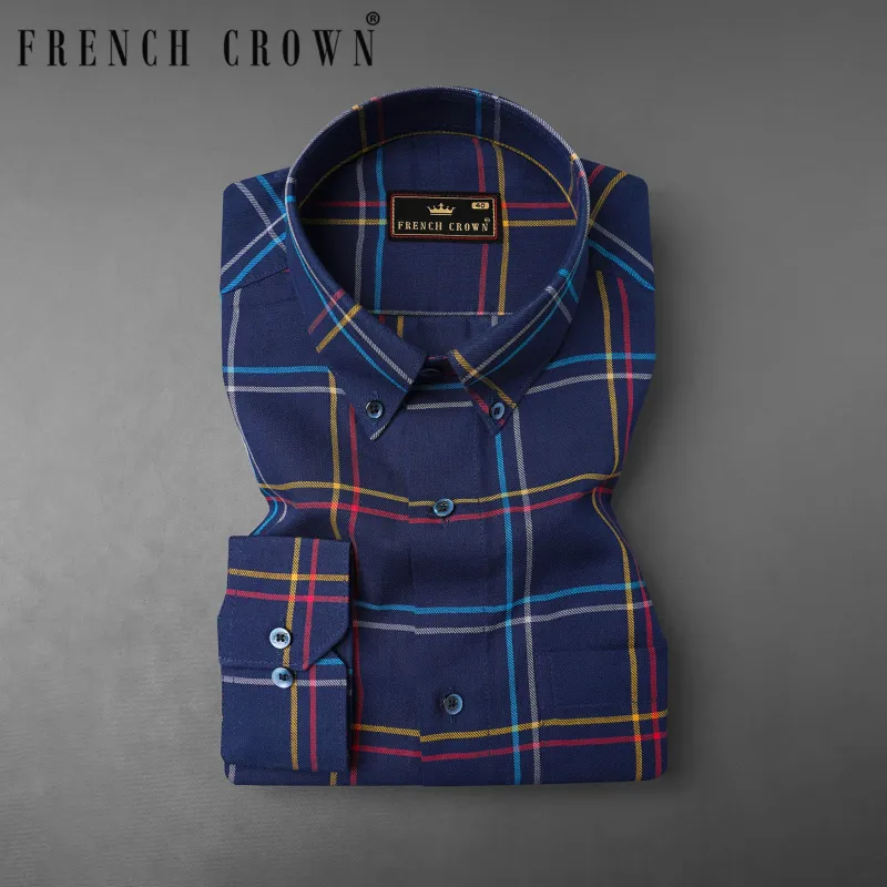 Firefly Blue with Dixie Yellow and Carmine Red Twill Windowpane Premium Cotton Shirt sold by French Crown