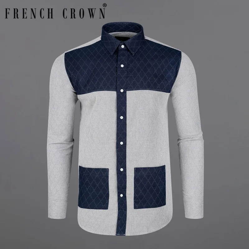 Fedora Gray and Tangaroa Blue Twill Premium Cotton Designer Shirt sold by French Crown