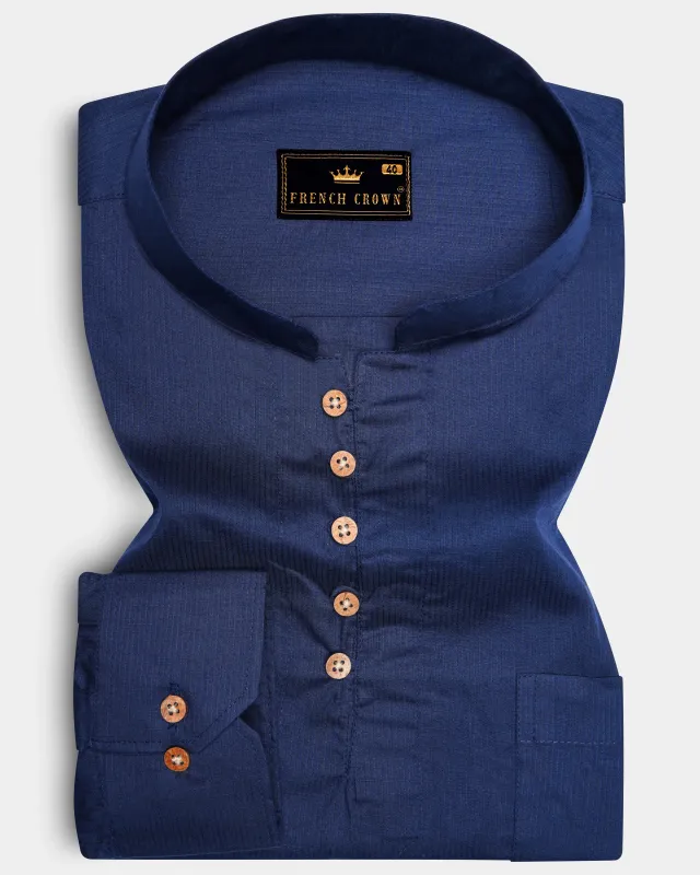 Ebony Clay Blue Dobby Textured Premium Giza Cotton Kurta Shirt sold by French Crown