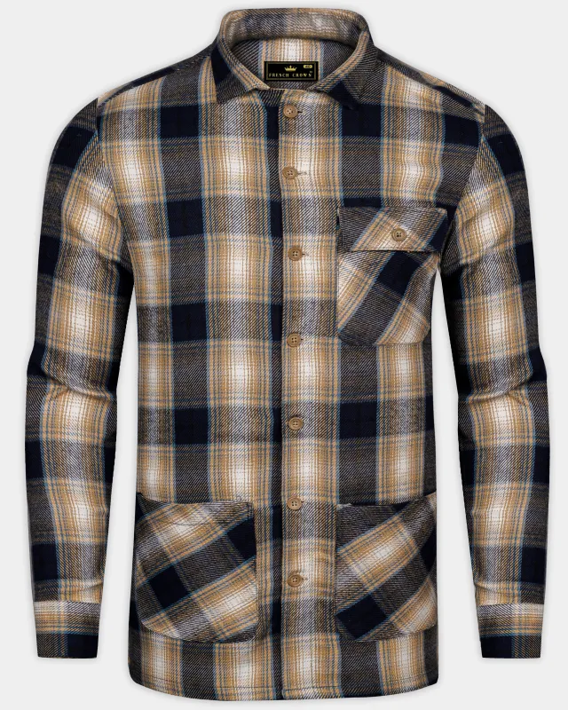 Ebony Clay Blue and Sandrift Brown Plaid Flannel Designer Overshirt/Shacket sold by French Crown