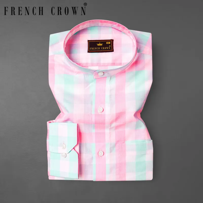 Cherry Blossom Pink and Onahau Sea Blue Plaid  Premium Cotton Kurta Shirt sold by French Crown