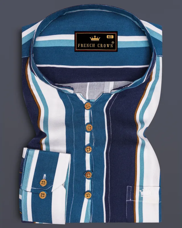 Bright White with Shakespeare Blue and Cyprus Blue Striped Premium Tencel Kurta Shirt sold by French Crown