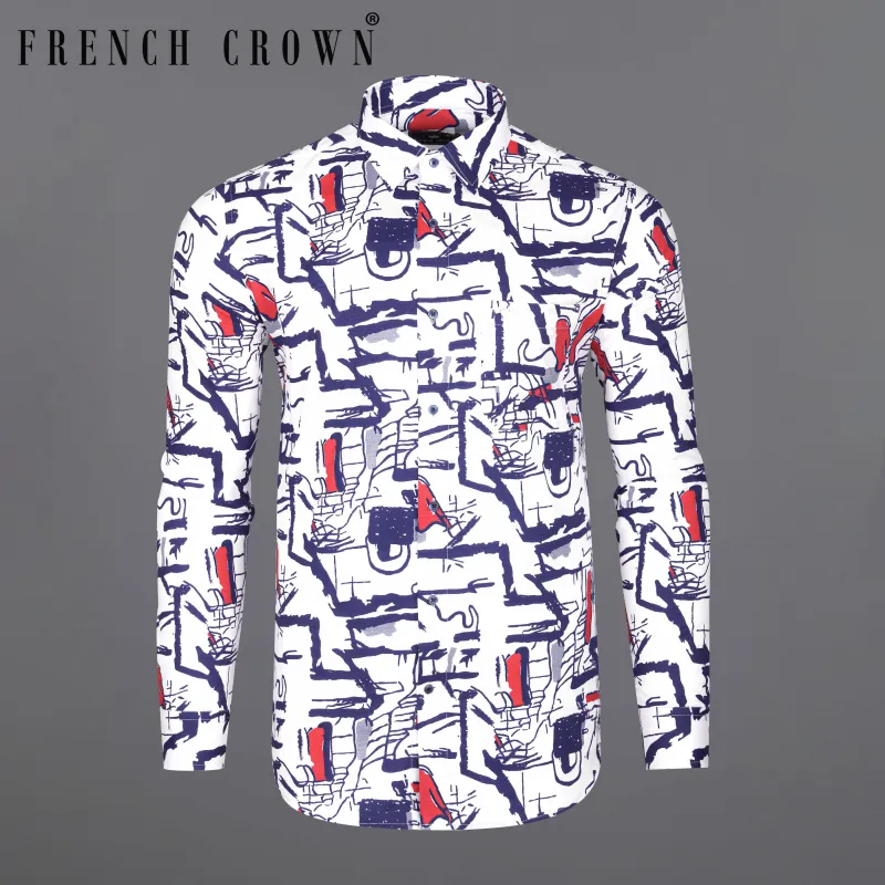 Bright White with Paris Blue Abstract Printed Dobby Textured Premium Giza Cotton Shirt sold by French Crown