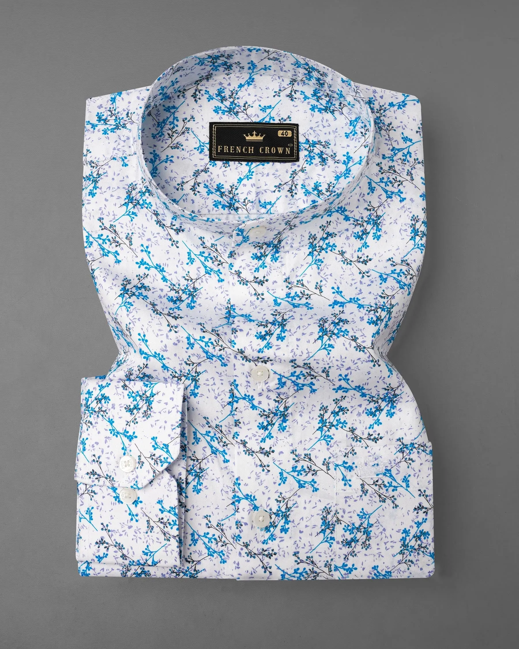Bright White with Mackerel Blue Ditsy Printed Super Soft Premium Cotton Shirt sold by French Crown product image thumbnail 3