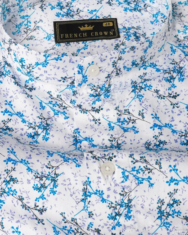 Bright White with Mackerel Blue Ditsy Printed Super Soft Premium Cotton Shirt sold by French Crown