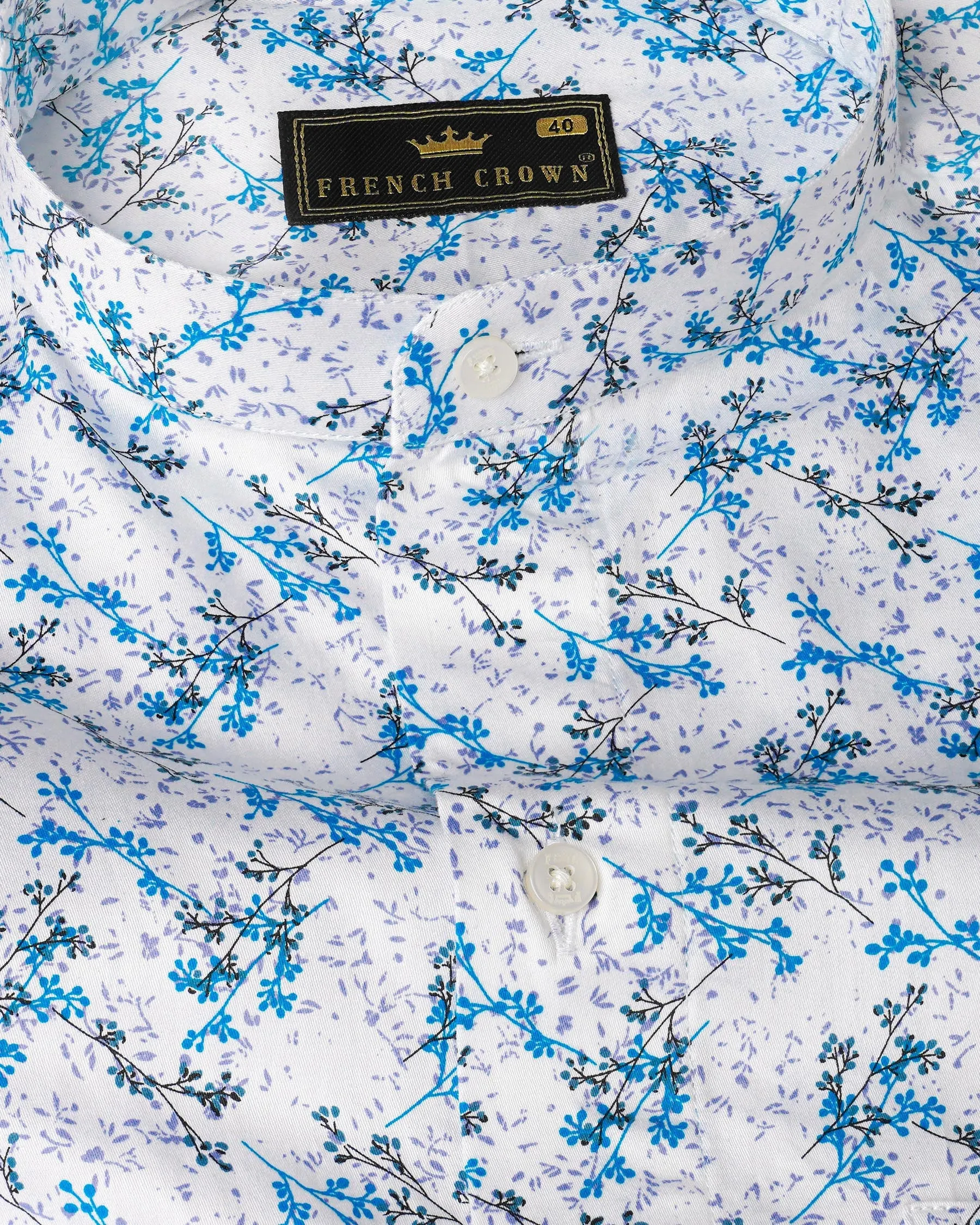 Bright White with Mackerel Blue Ditsy Printed Super Soft Premium Cotton Shirt sold by French Crown