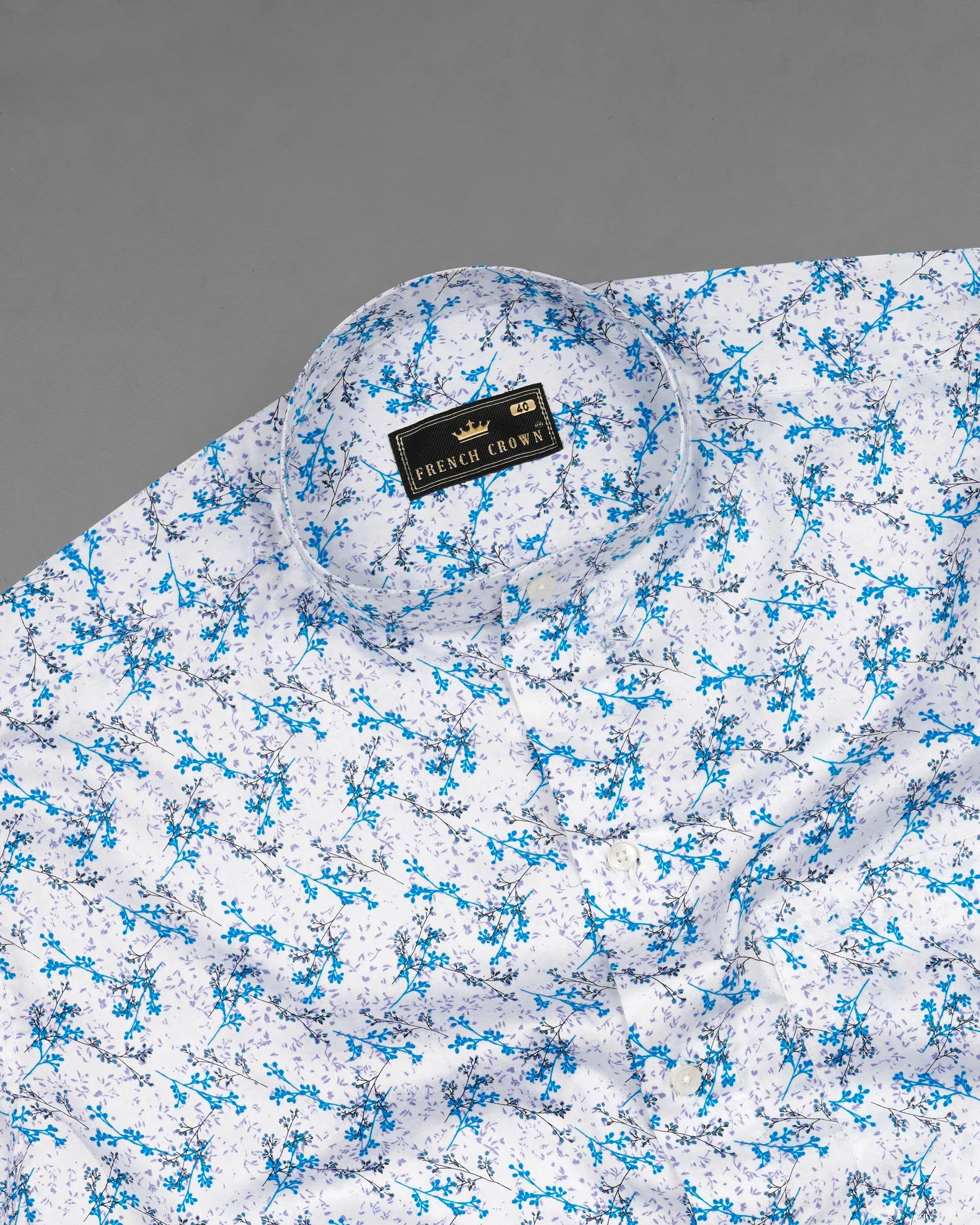 Bright White with Mackerel Blue Ditsy Printed Super Soft Premium Cotton Shirt sold by French Crown product image thumbnail 4