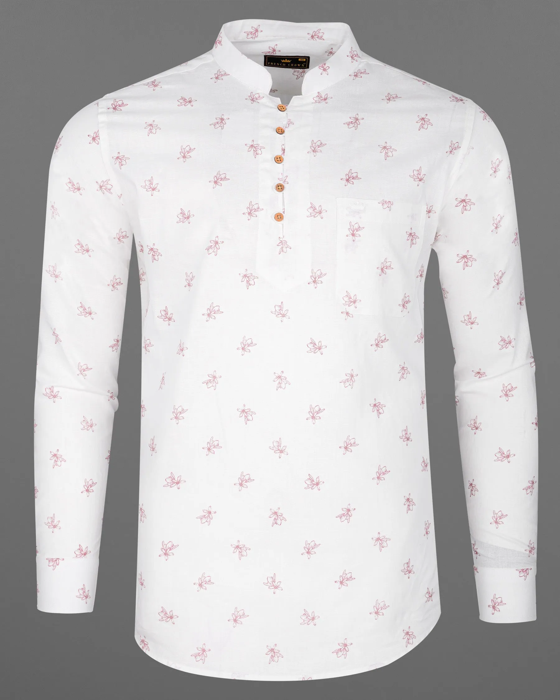 Bright White With Charm Pink Ditzy Floral Printed Luxurious Linen Kurta Shirt sold by French Crown product image thumbnail 5