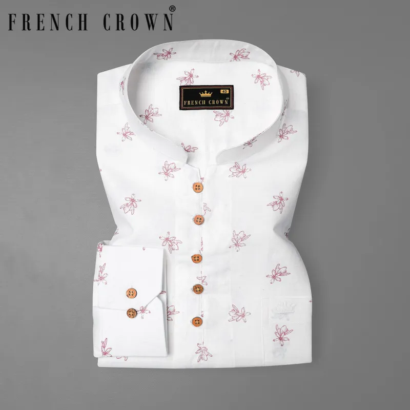 Bright White With Charm Pink Ditzy Floral Printed Luxurious Linen Kurta Shirt sold by French Crown