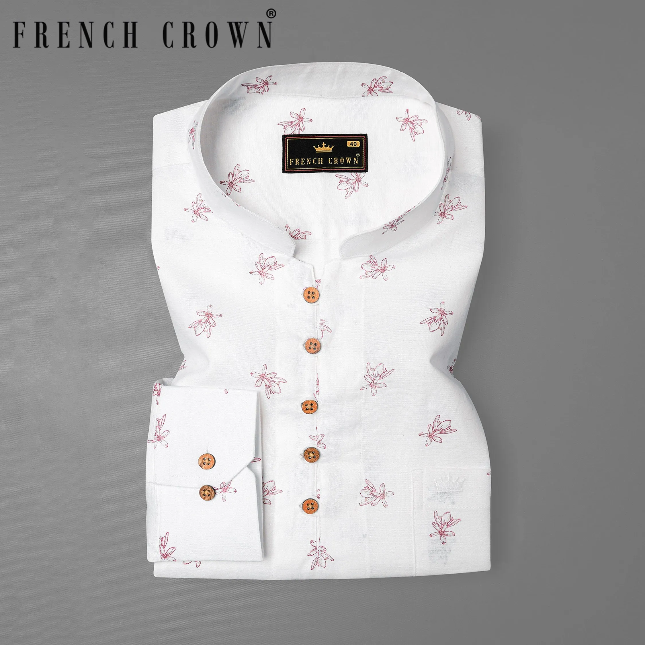 Bright White With Charm Pink Ditzy Floral Printed Luxurious Linen Kurta Shirt sold by French Crown