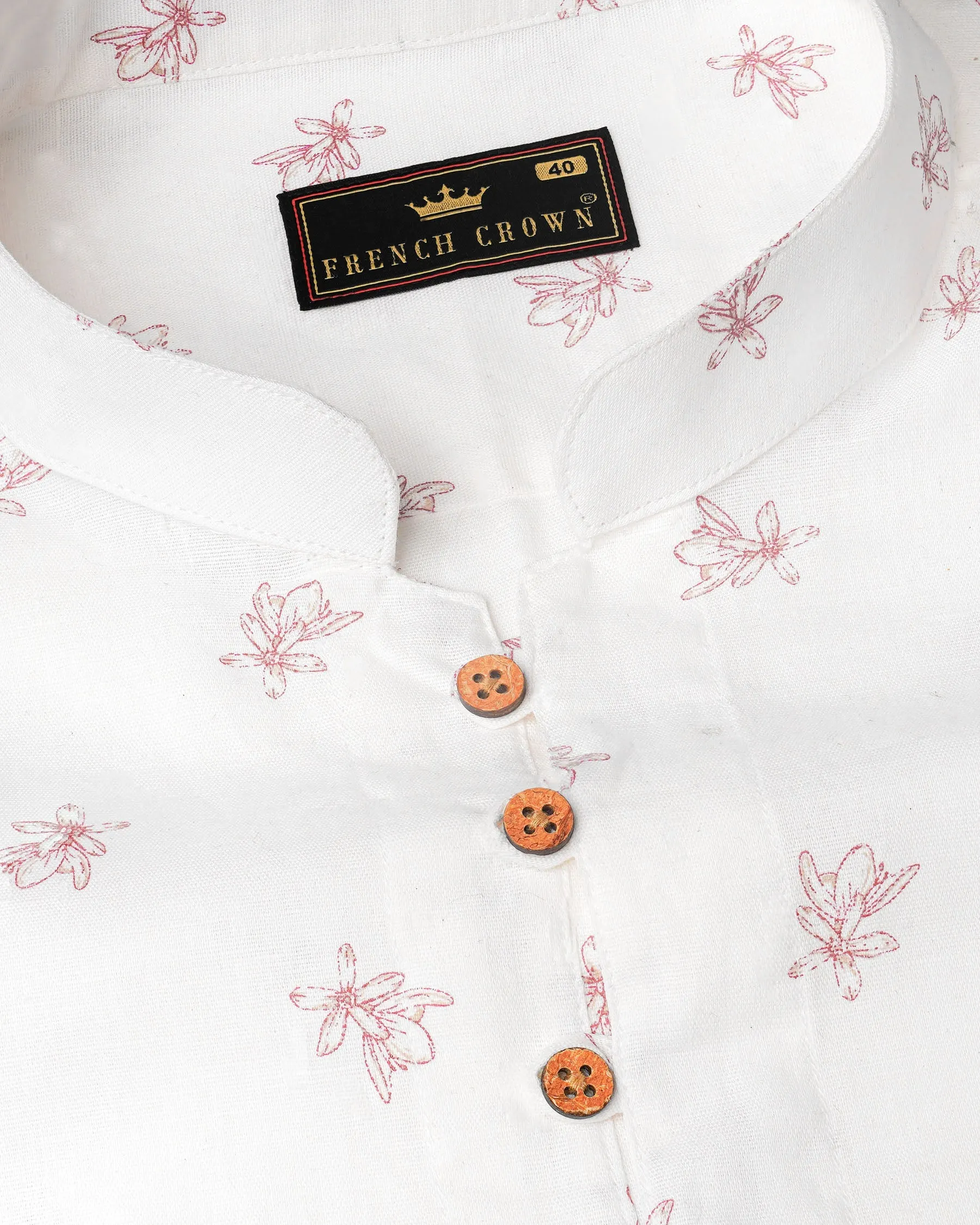 Bright White With Charm Pink Ditzy Floral Printed Luxurious Linen Kurta Shirt sold by French Crown product image thumbnail 4
