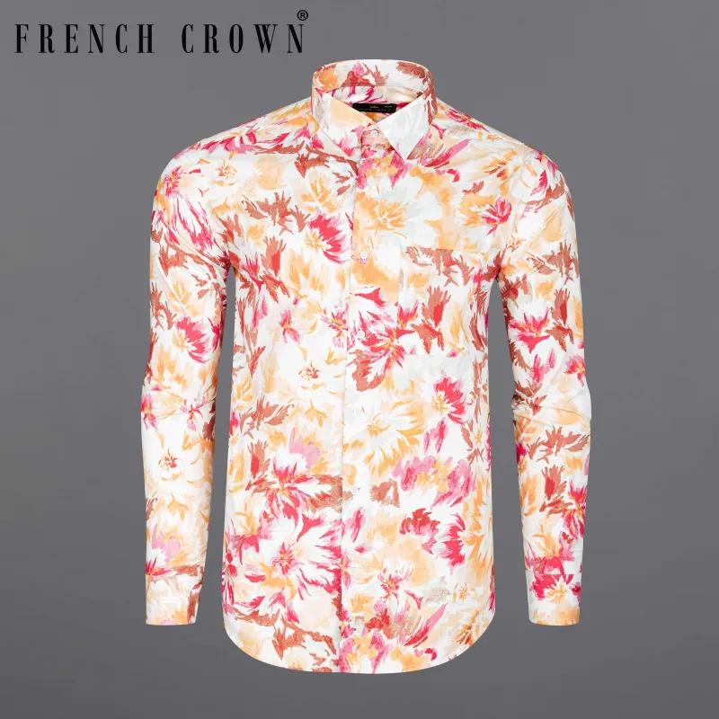 Bright White with Casablanca Yellow and Faded Red Floral Printed Premium Cotton Shirt sold by French Crown