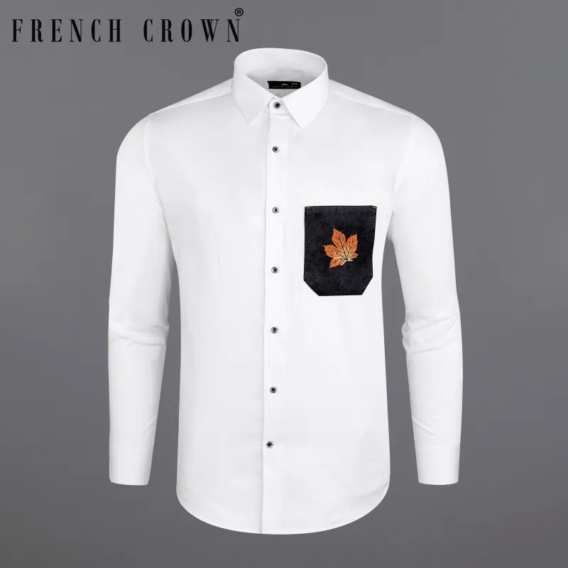 Bright White Subtle Sheen with Black Pocket and Leaves Embroidered Super Soft Premium Cotton Shirt made by French Crown