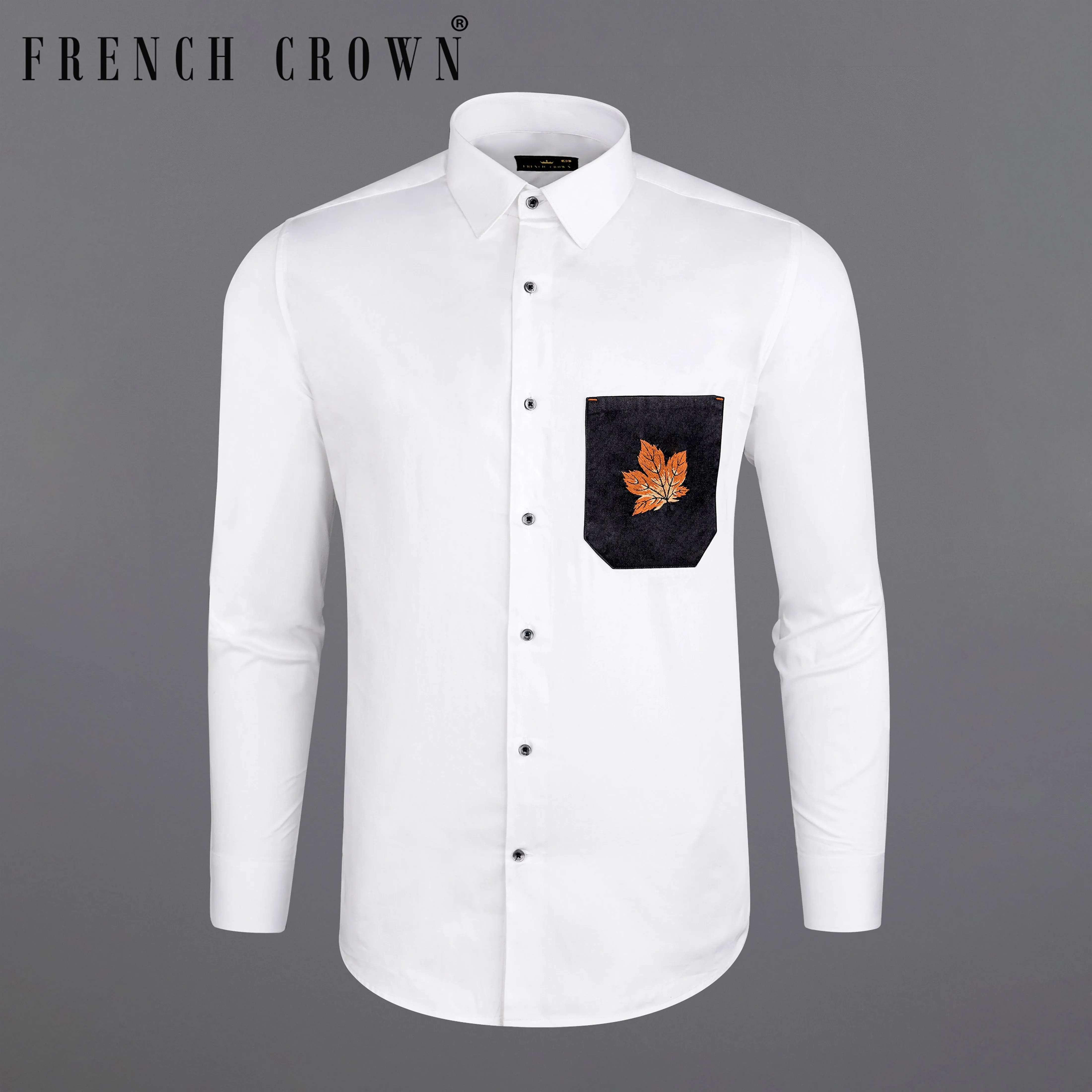 Bright White Subtle Sheen with Black Pocket and Leaves Embroidered Super Soft Premium Cotton Shirt sold by French Crown