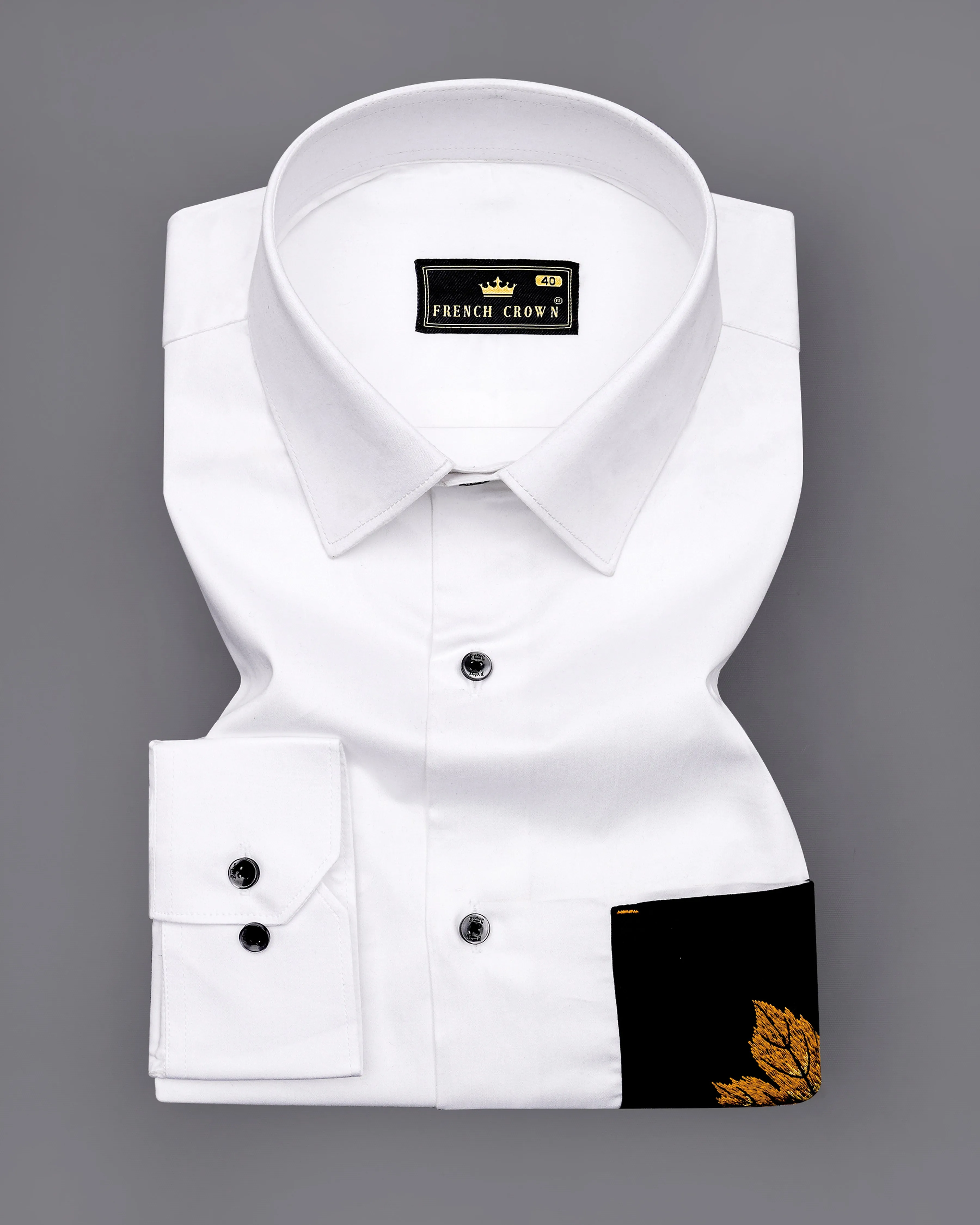 Bright White Subtle Sheen with Black Pocket and Leaves Embroidered Super Soft Premium Cotton Shirt sold by French Crown product image thumbnail 5