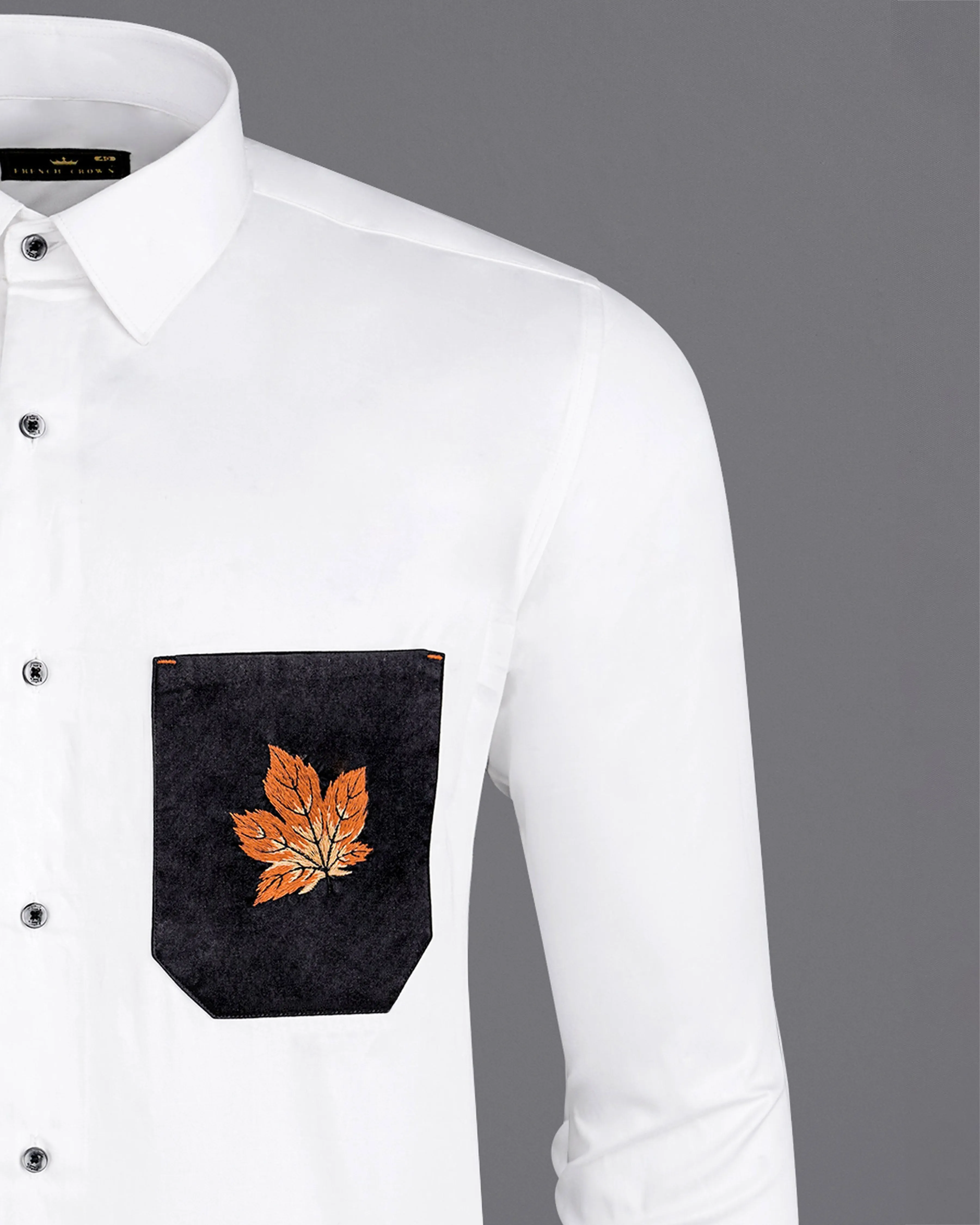 Bright White Subtle Sheen with Black Pocket and Leaves Embroidered Super Soft Premium Cotton Shirt sold by French Crown product image thumbnail 2