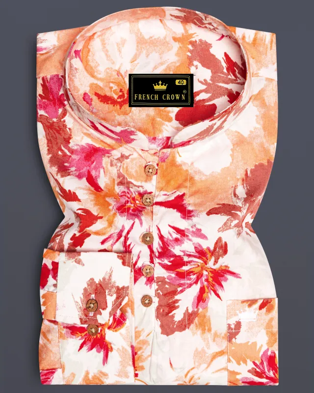 Bright White and Valencia Red Floral Printed Premium Cotton Kurta Shirt sold by French Crown