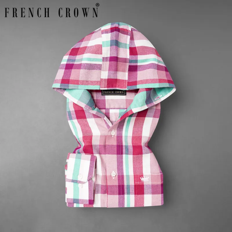 Bright White and Jasper Pink Plaid Twill Premium Cotton Hoodie Shirt sold by French Crown