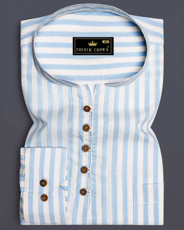 Bright White and Blizzard Blue Striped Premium Cotton Kurta Shirt sold by French Crown