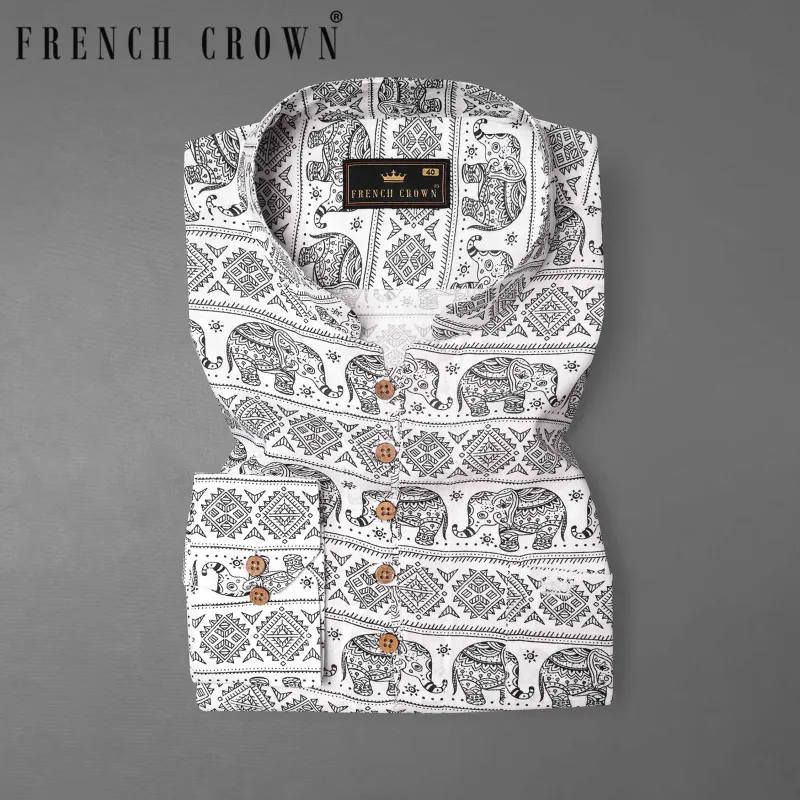 Bright White and Black Tribal Printed Premium Tencel Kurta Shirt sold by French Crown