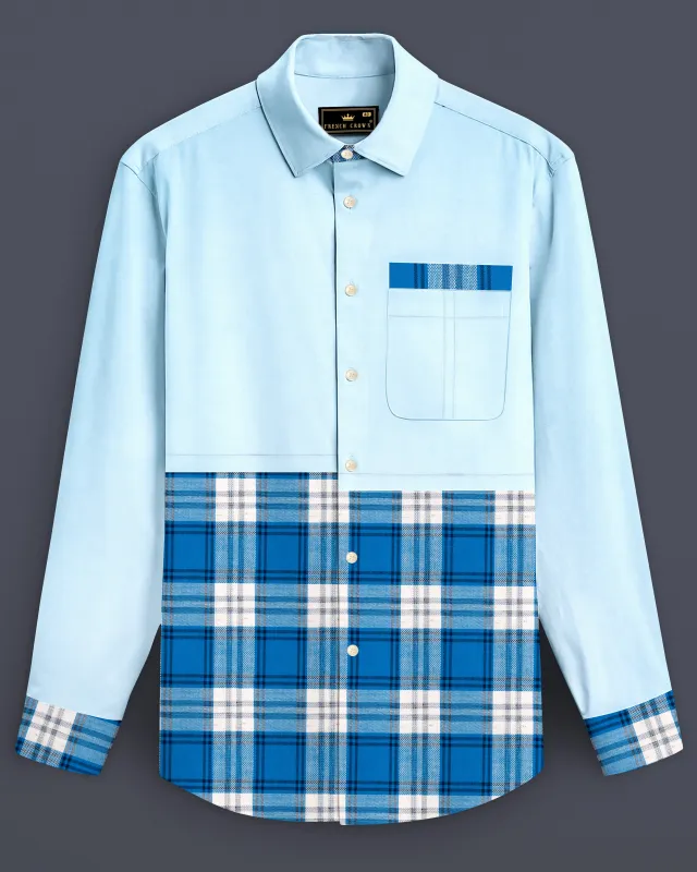 Botticelli Blue With Multi Colored Plaid Luxurious Linen Half and Half Designer Shirt sold by French Crown