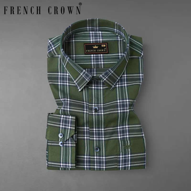 Asparagus Green with Bright White Twill Plaid Premium Cotton Shirt sold by French Crown