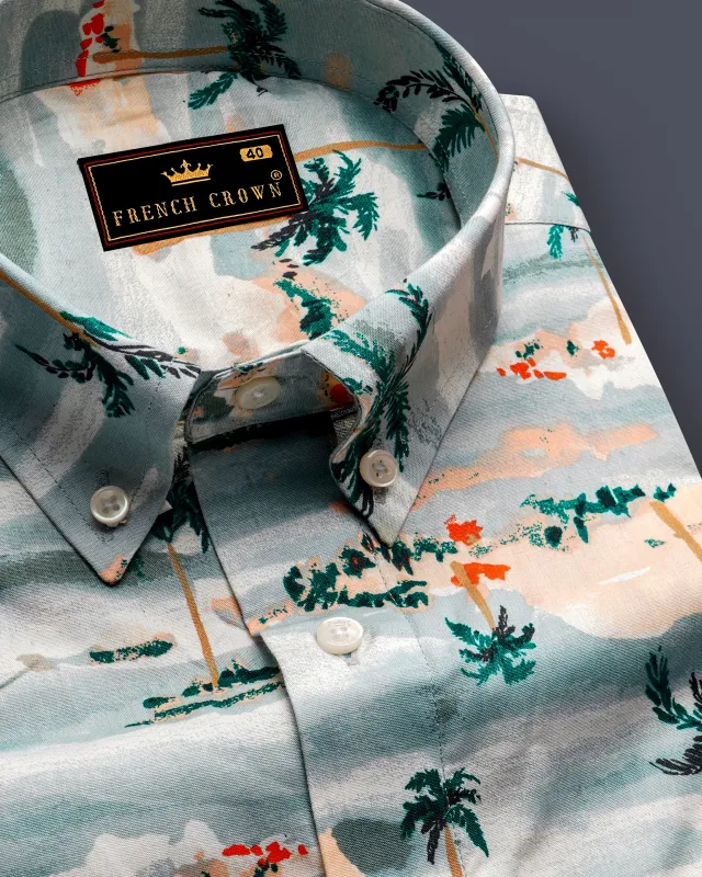Aqua Island Sea Blue and Limed Spruce Green Tropical Printed Premium Cotton Shirt sold by French Crown