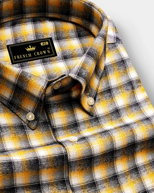 Supernova Yellow and Shark Black Plaid Twill Premium Cotton Shirt sold by French Crown
