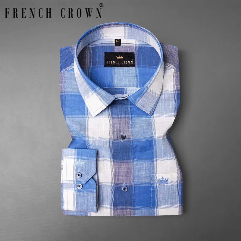 San Marino Blue and White Plaid Chambray Shirt sold by French Crown