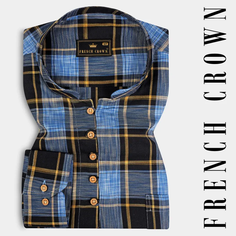 Portage Blue and Jade Black Twill Plaid Premium Cotton Kurta Shirt sold by French Crown