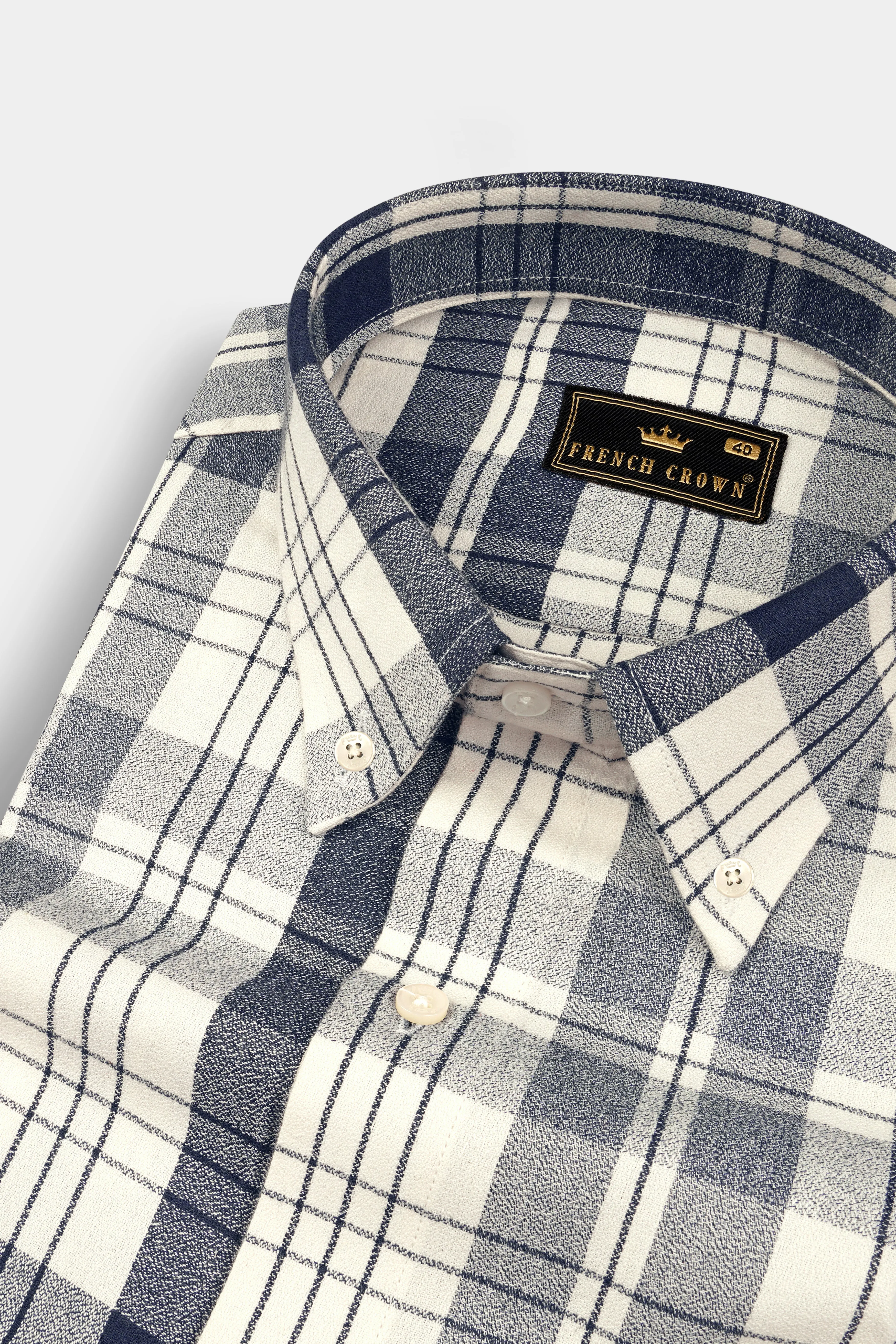 Off White and Haiti Blue Twill Plaid Premium Cotton Shirt sold by French Crown