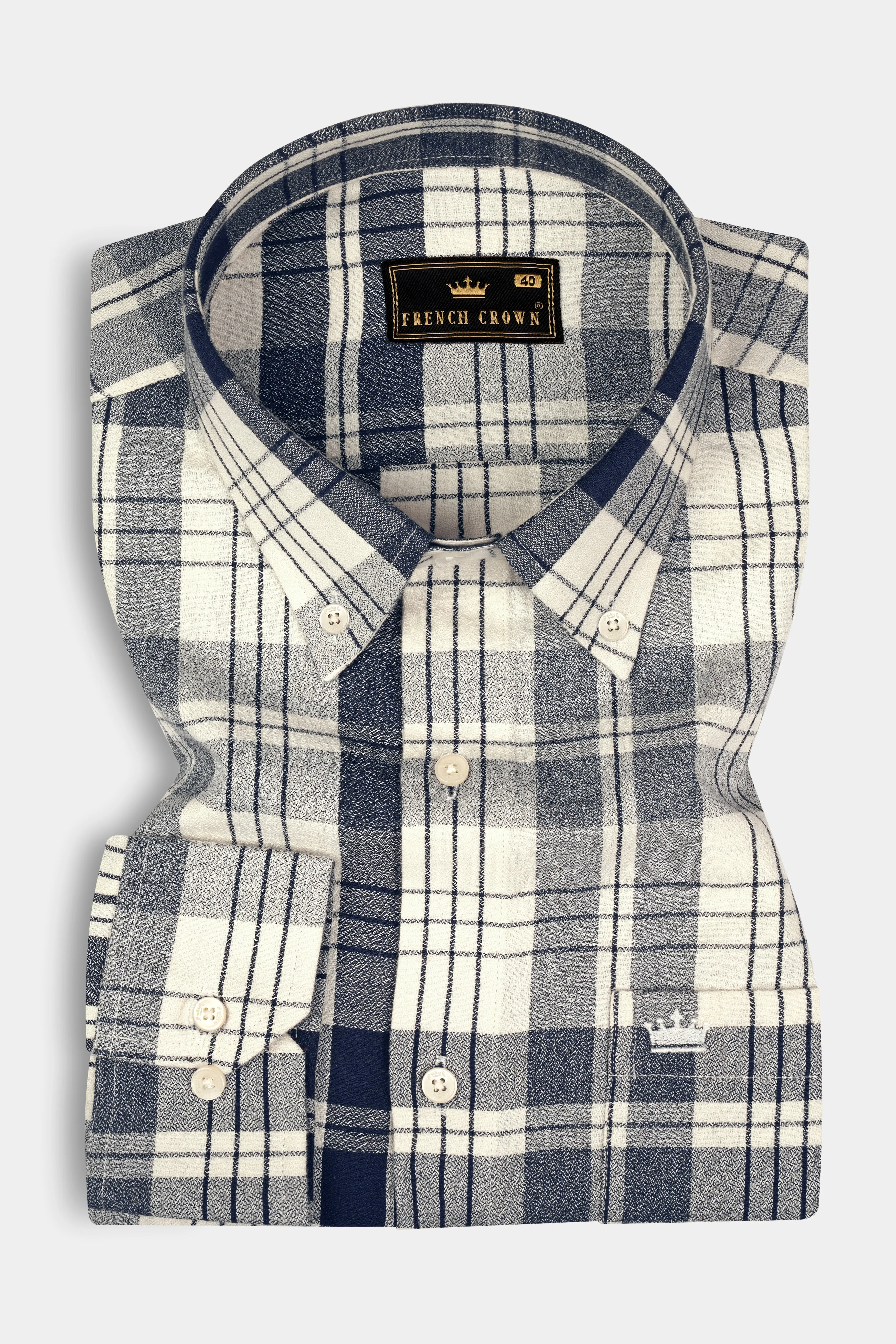 Off White and Haiti Blue Twill Plaid Premium Cotton Shirt sold by French Crown product image thumbnail 3