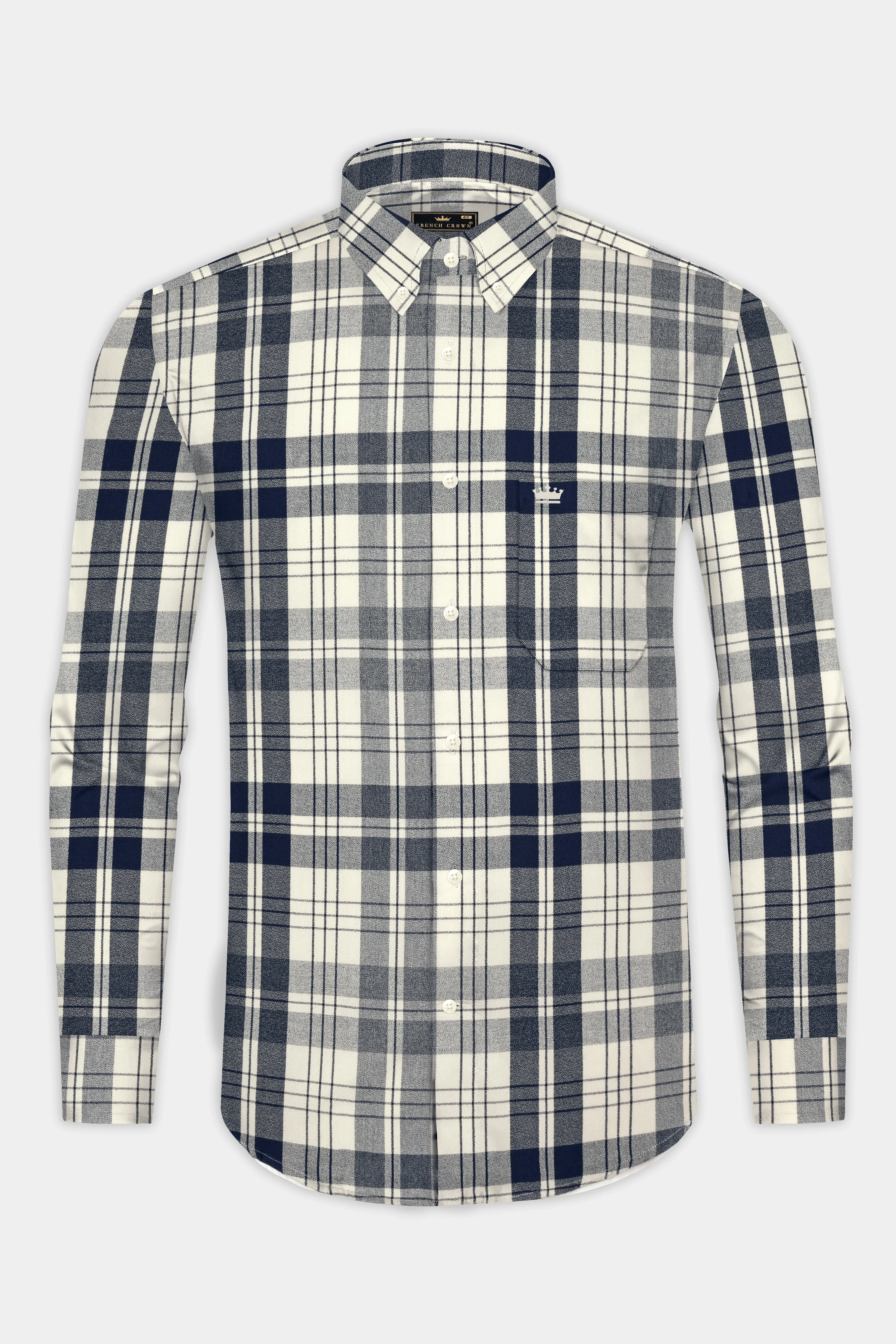 Off White and Haiti Blue Twill Plaid Premium Cotton Shirt sold by French Crown product image thumbnail 4