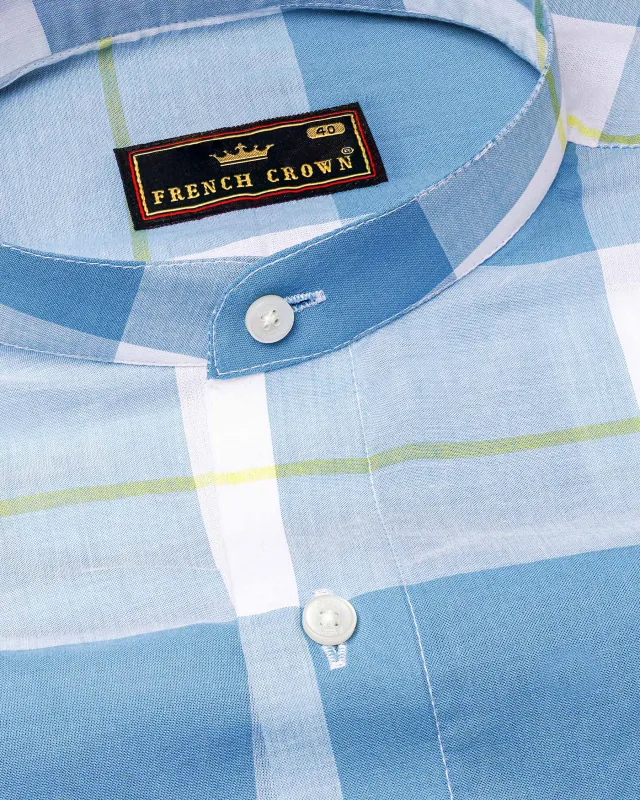 Metallic and Moonstone Blue Plaid Premium Cotton Shirt sold by French Crown