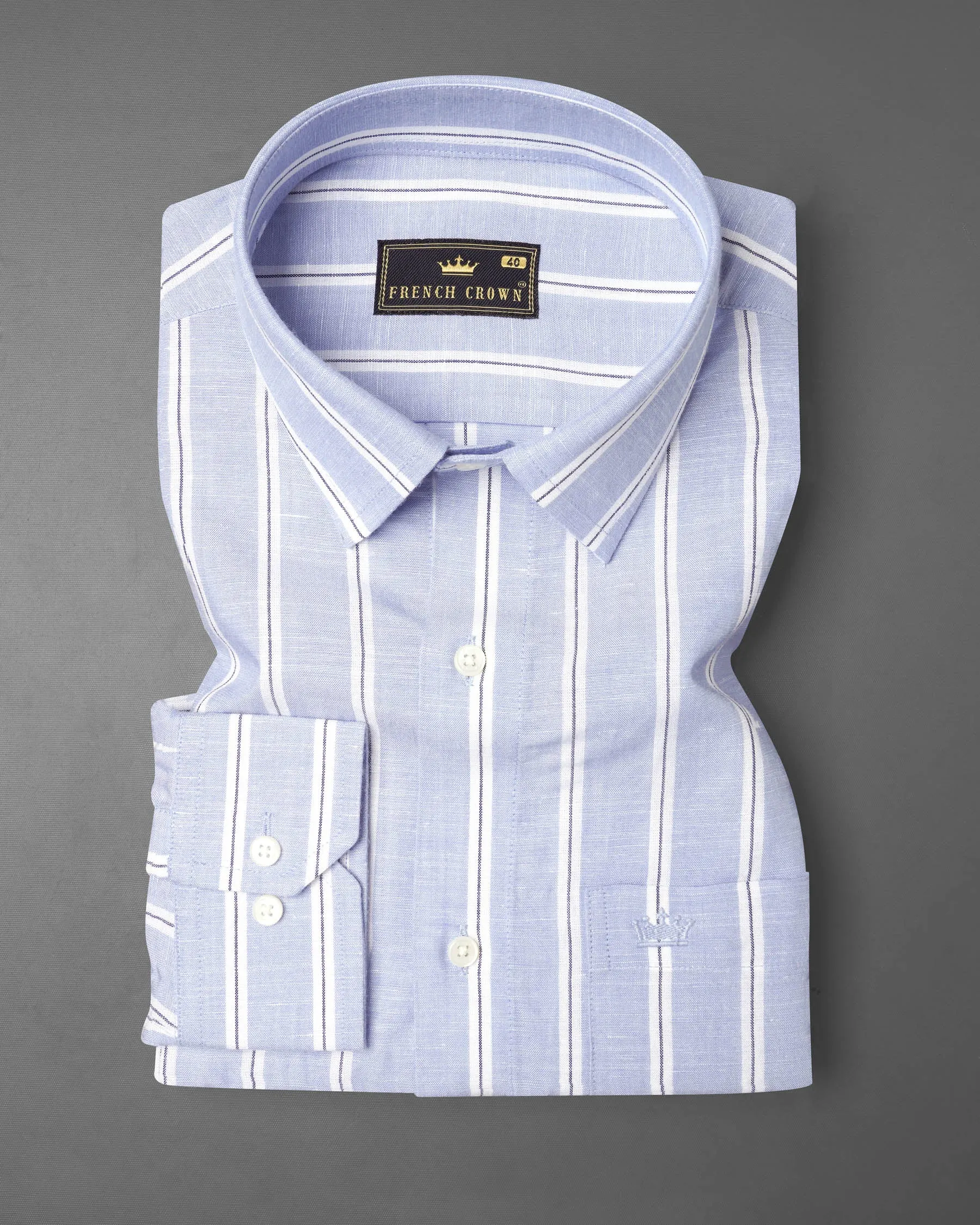 Mercury Blue with White Vertical Striped Twill Premium Cotton Shirt sold by French Crown product image thumbnail 3